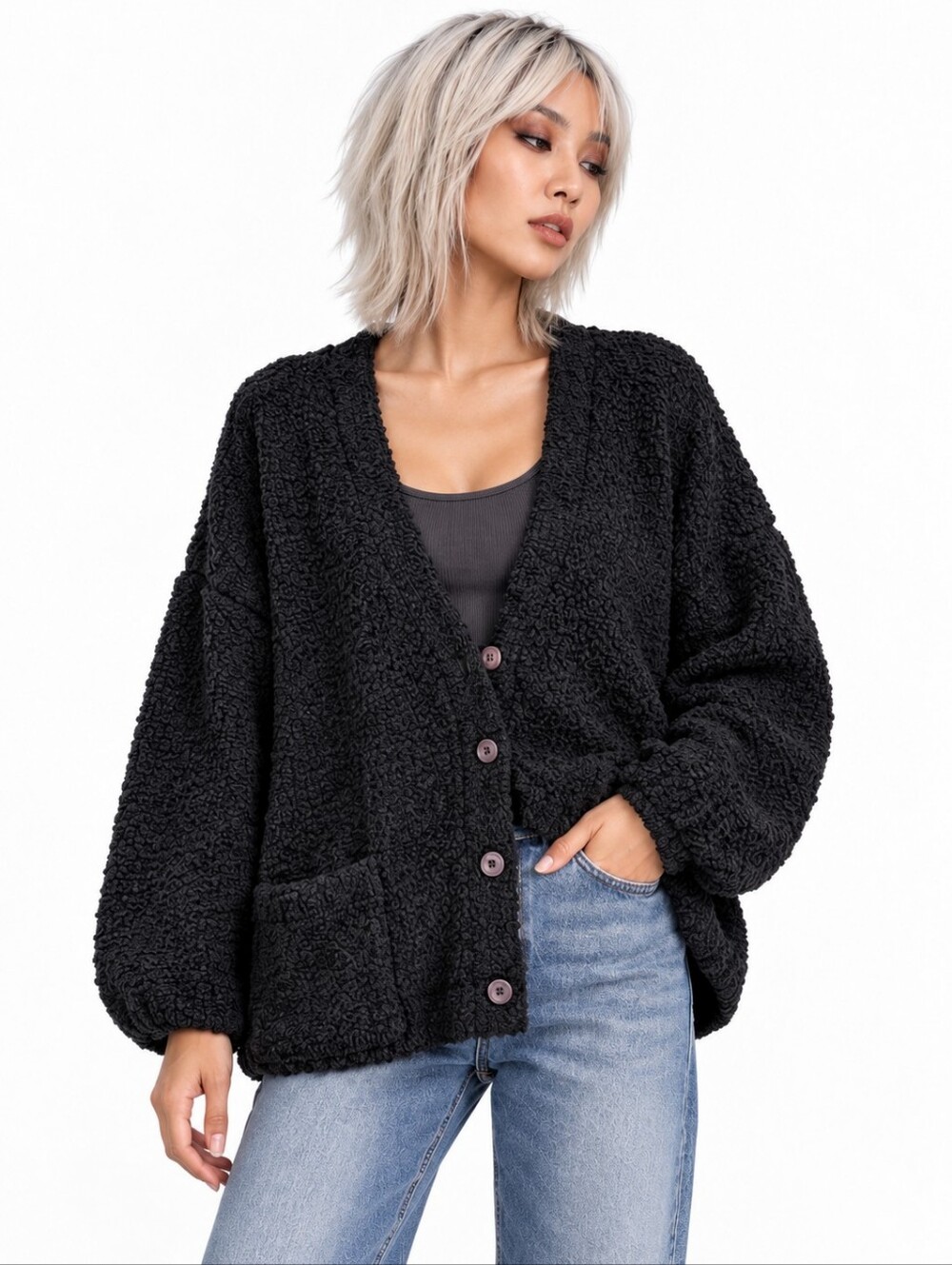 Roberta Freymann Handknit 100% Wool Black Oversized Cardigan Sweater Large EUC